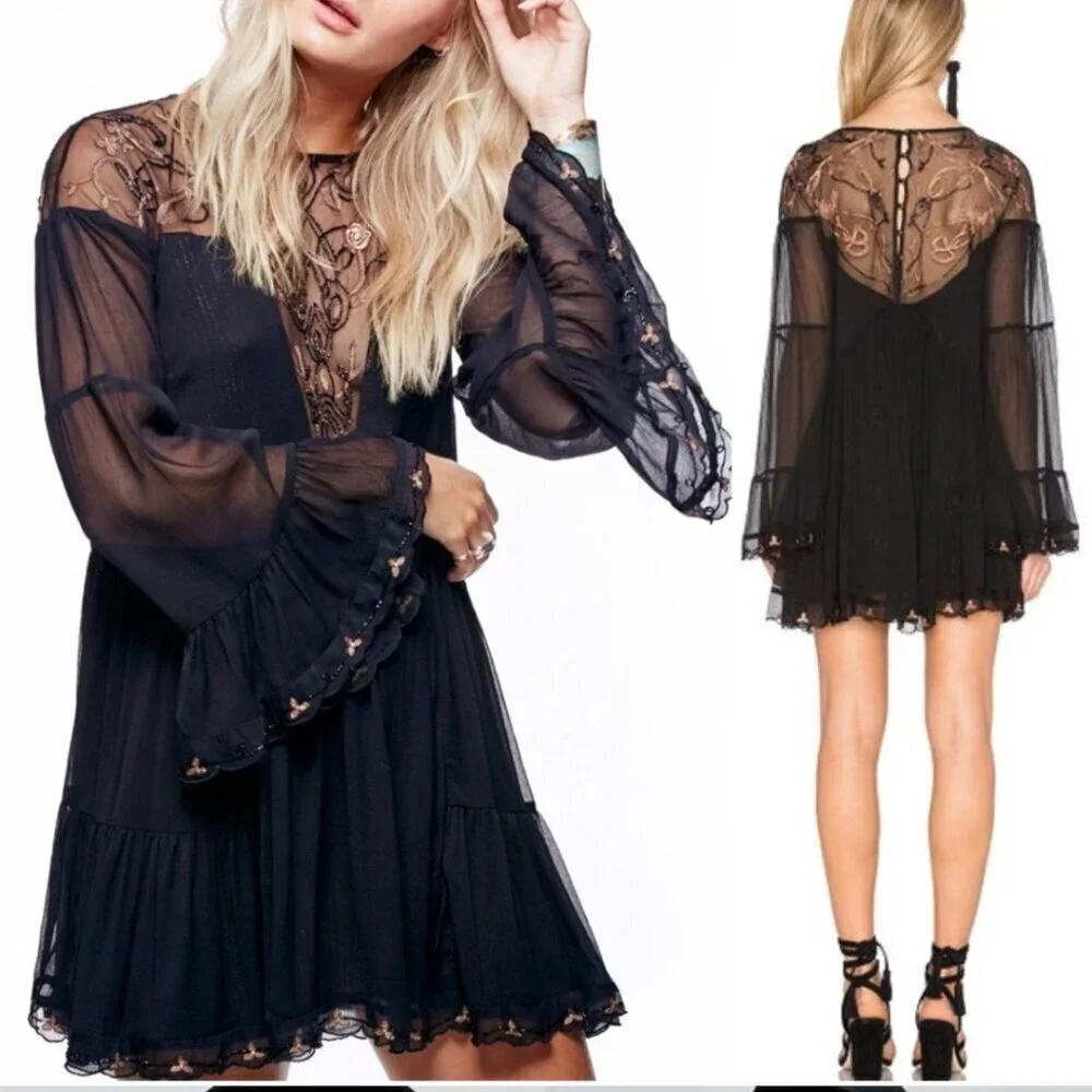 Free People Beaded Panama City Mini Dress Women's Size S Black